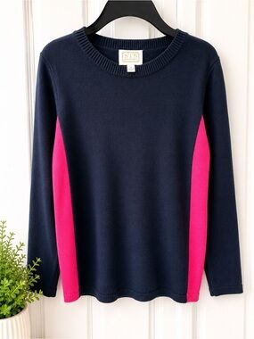 Sail to Sable Navy Crewneck Sweater with Hot Pink Side Panels